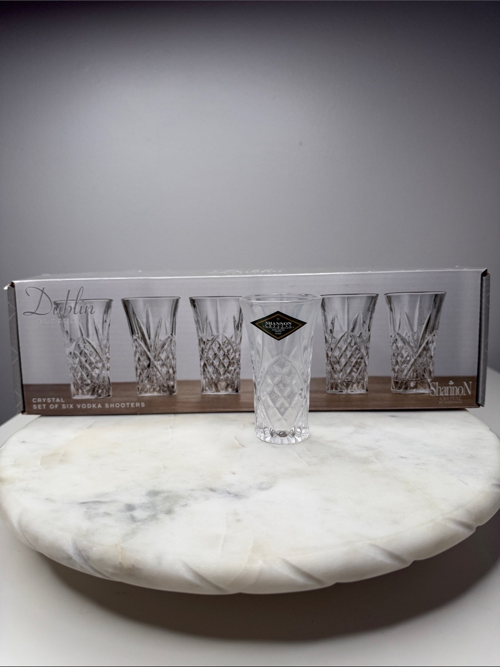 NIB Godinger Dublin Crystal Set of Six Vodka Shooters